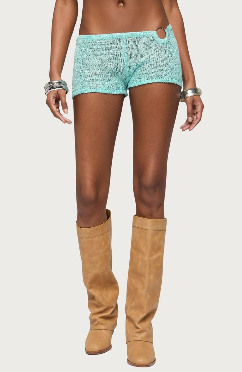 EDIKTED Sarina Sequin Knit Micro Shorts, Main, color, 