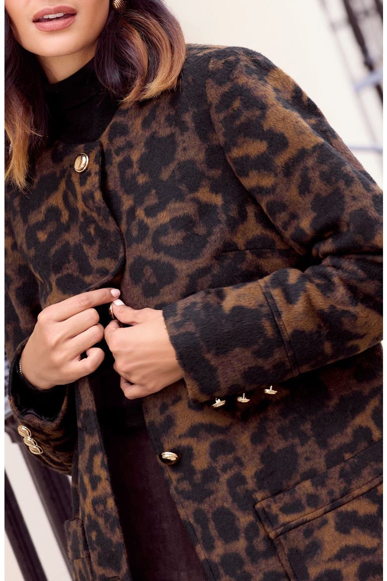 Collarless Leopard Swing Coat, Alternate, color, BROWN MULTI