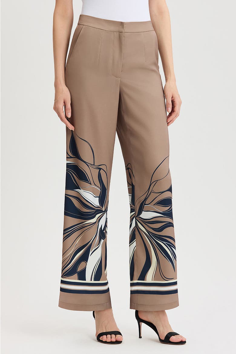 Crepe de Chine Wide Leg Floral Abstract Pants, Alternate, color, Warm Taupe/Indigo/Ivory