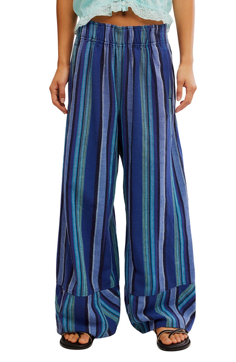 Free People Days End Stripe Wide Leg Linen Pants, Main, color, Navy Combo
