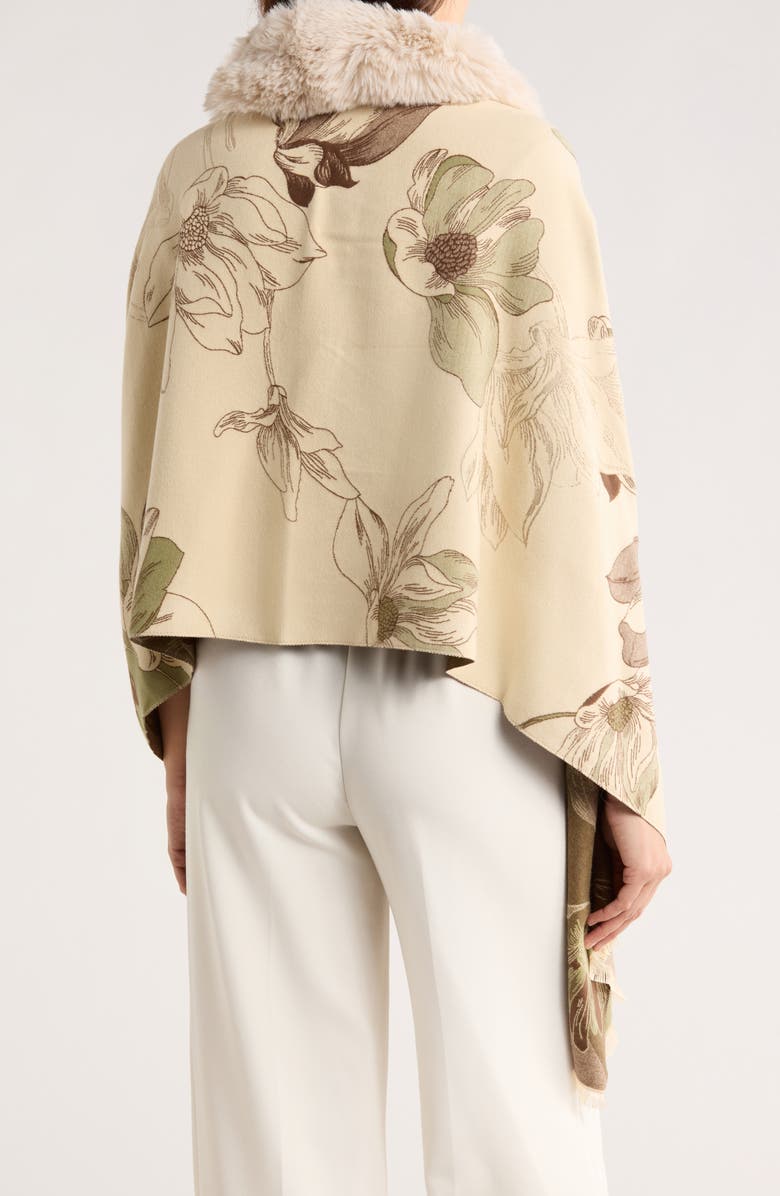La Fiorentina Faux Fur Trim Floral Wrap, Alternate, color, Beige