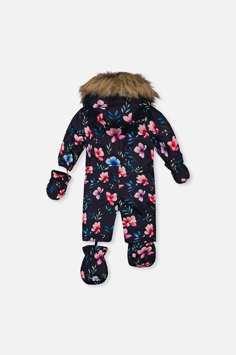 Play Floral Faux Fur Hood Car Seat One Piece Snowsuit, Alternate, color, Blue Floral Print