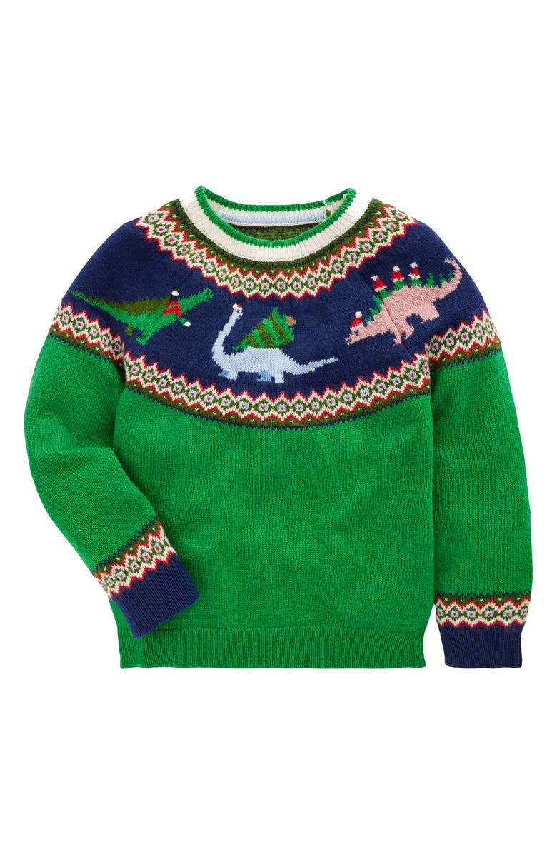 Mini Boden Kids' Fair Isle Christmas Dinosaurs Crewneck Sweater, Main, color, Alpine Green Dinosaur