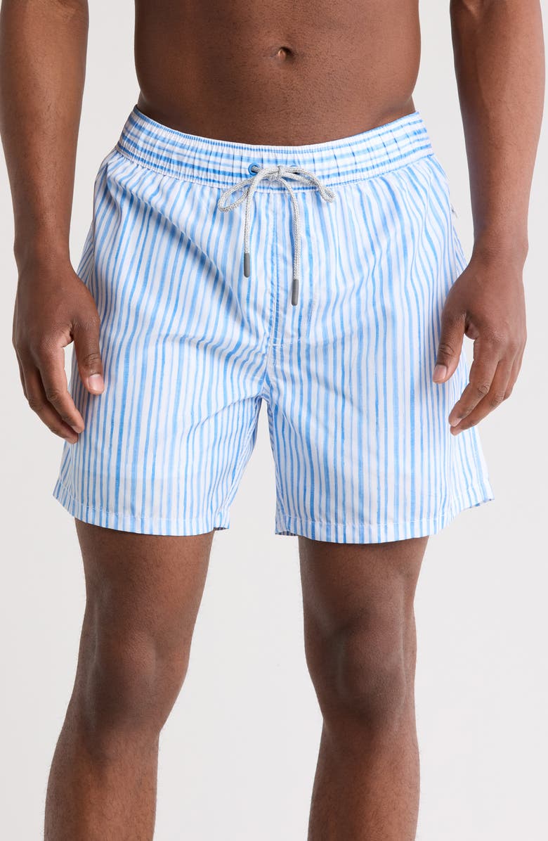 Vintage Summer Ponji Stripe Print Swim Trunks, Main, color,