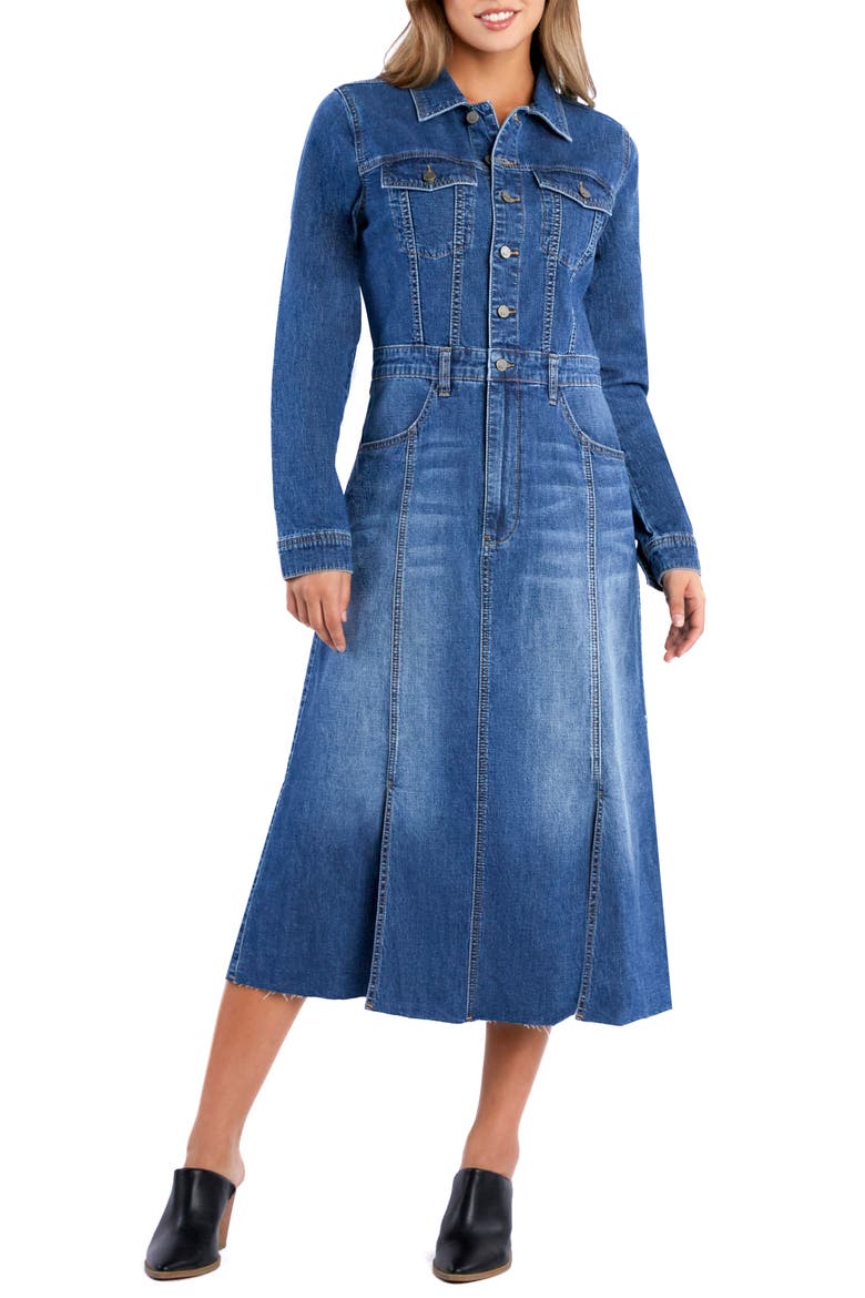 Sway Raw Hem Long Sleeve Denim Midi Shirtdress, Alternate, color, BARN BLUE