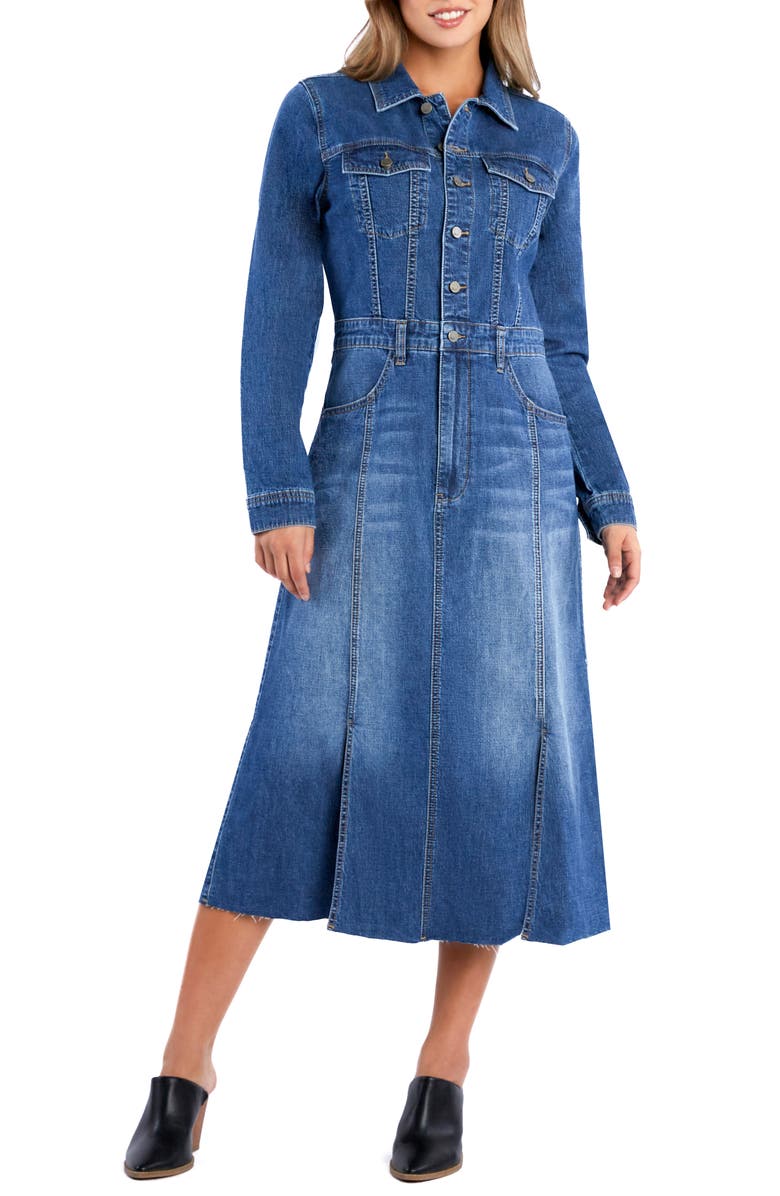 Wash Lab Denim Sway Raw Hem Long Sleeve Denim Midi Shirtdress, Alternate, color, Barn Blue