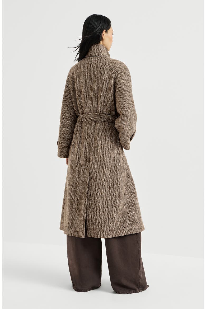 Sparkling virgin wool chevron belted coat with monili, Alternate, color, Light Brown