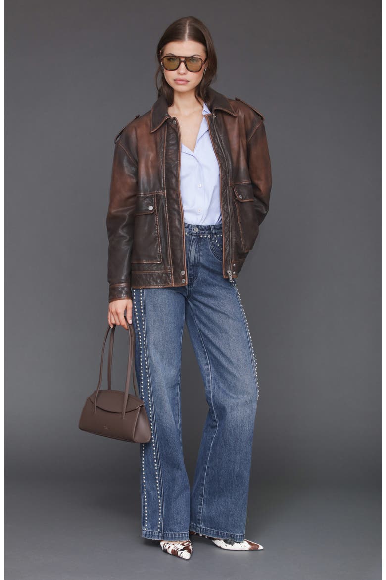 Pieced Back Leather Bomber Jacket, Alternate, color, BURNISHED BROWN