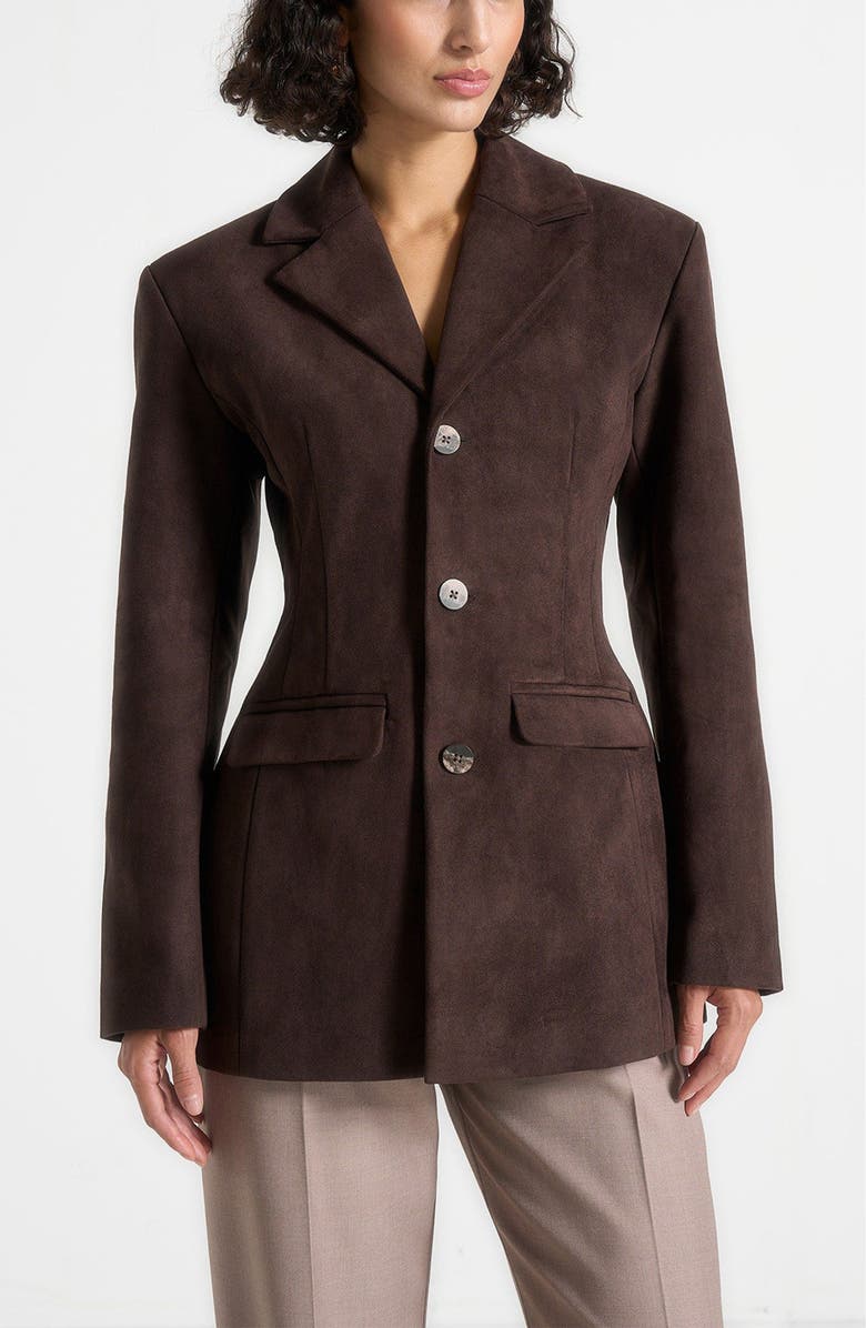 Manière De Voir Claire Suede Wide Shoulder Cinch Waist Blazer, Main, color, Brown