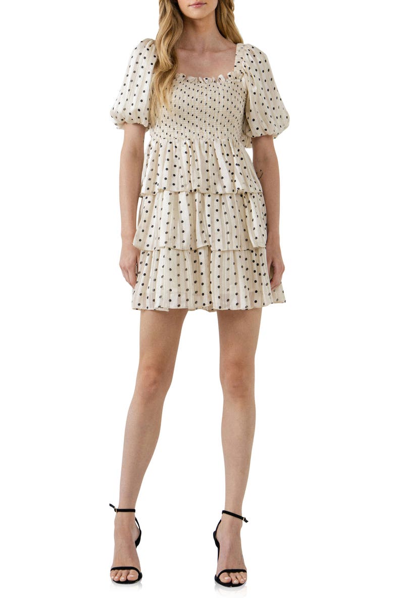 English Factory Polka Dot Multi Tiered Short Sleeve Dress, Main, color, Cream
