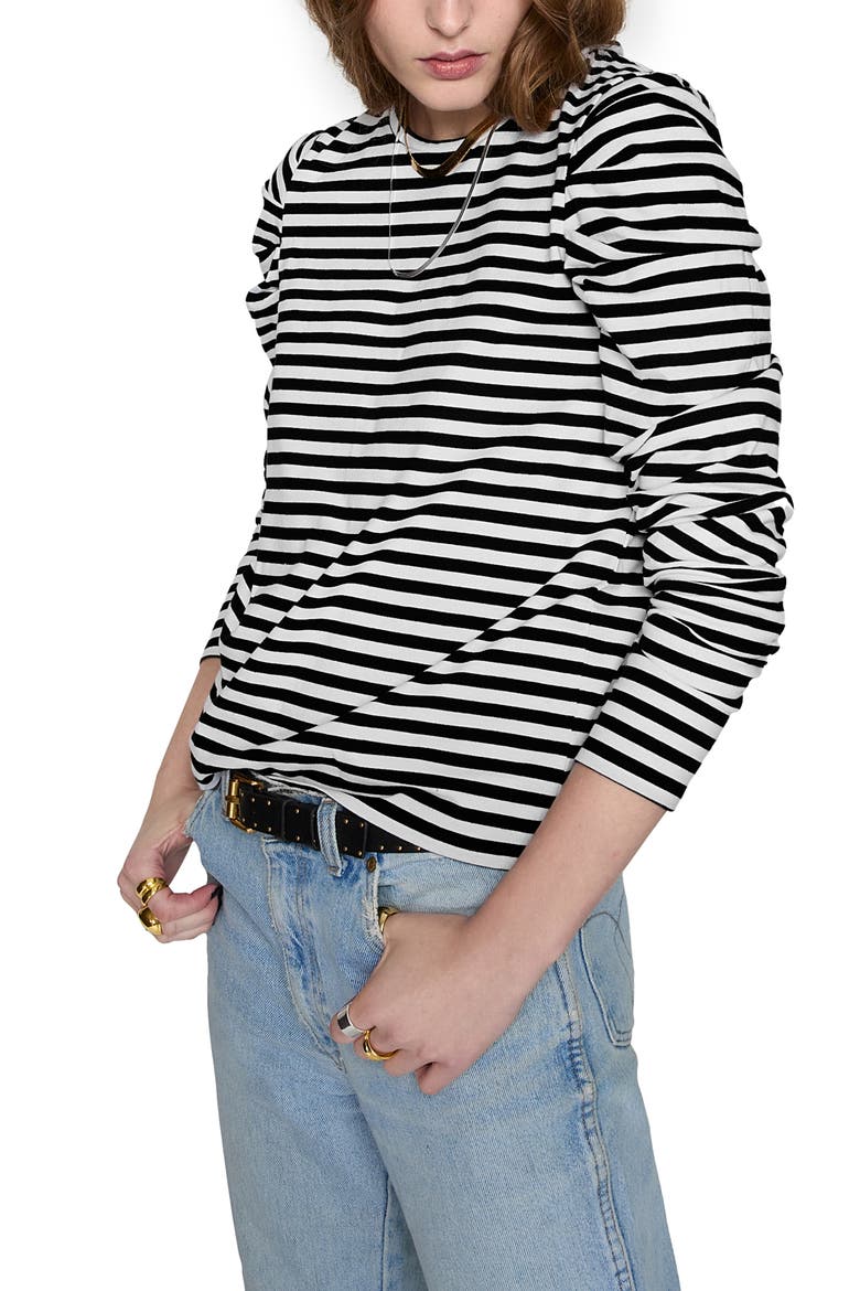 Janine Pleated Cotton Jersey T-Shirt, Main, color, BLACK/ ECRU