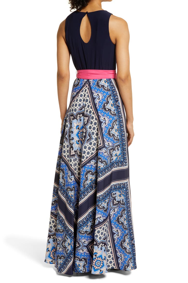 Twofer Mixed Media Scarf Print Maxi Dress, Alternate, color, NAVY