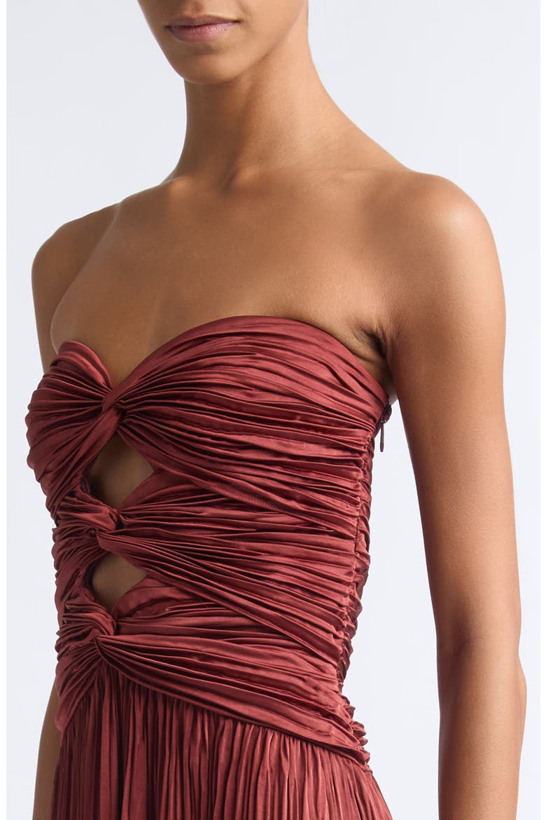 Brynn Strapless Pleated Cutout Maxi Gown, Alternate, color, SANDALWOOD