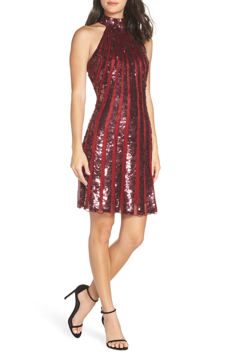 Mac Duggal Sequin Stripe Cocktail Dress, Main, color, Burgundy