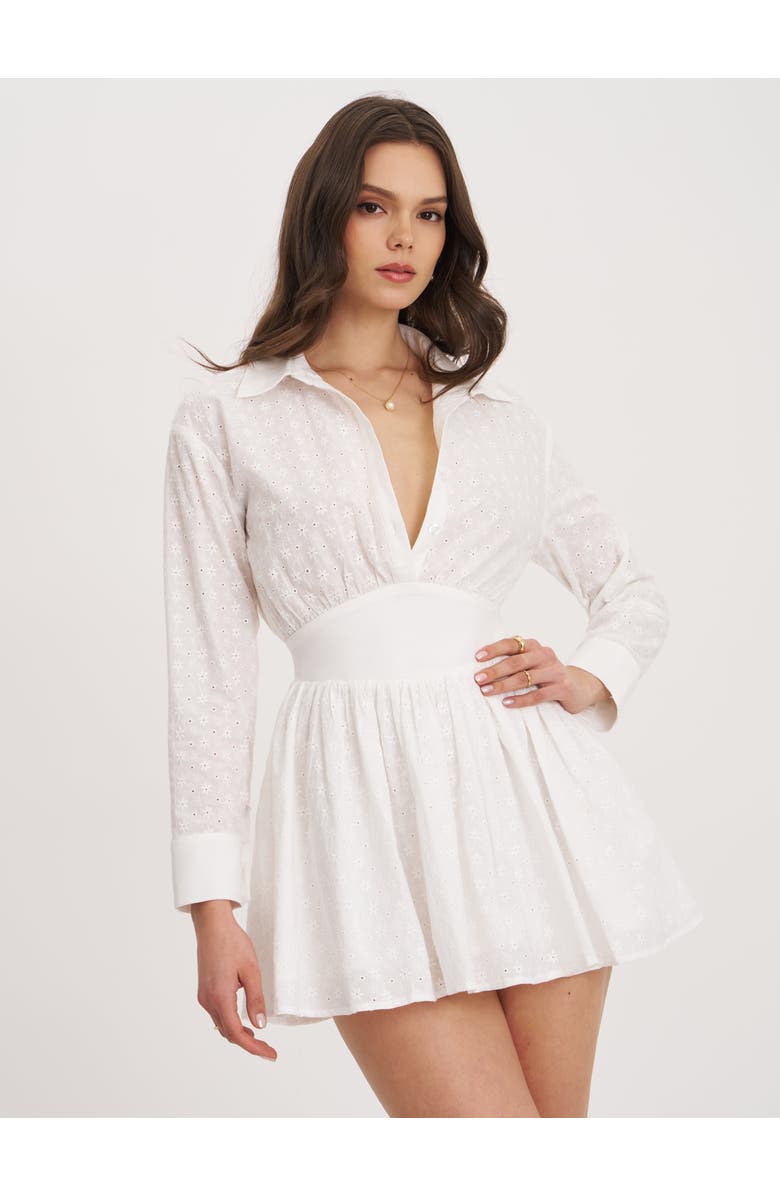 Miss Circle Gabriella Cotton Eyelet Button Up Long Sleeve Shirt Dress, Main, color, White