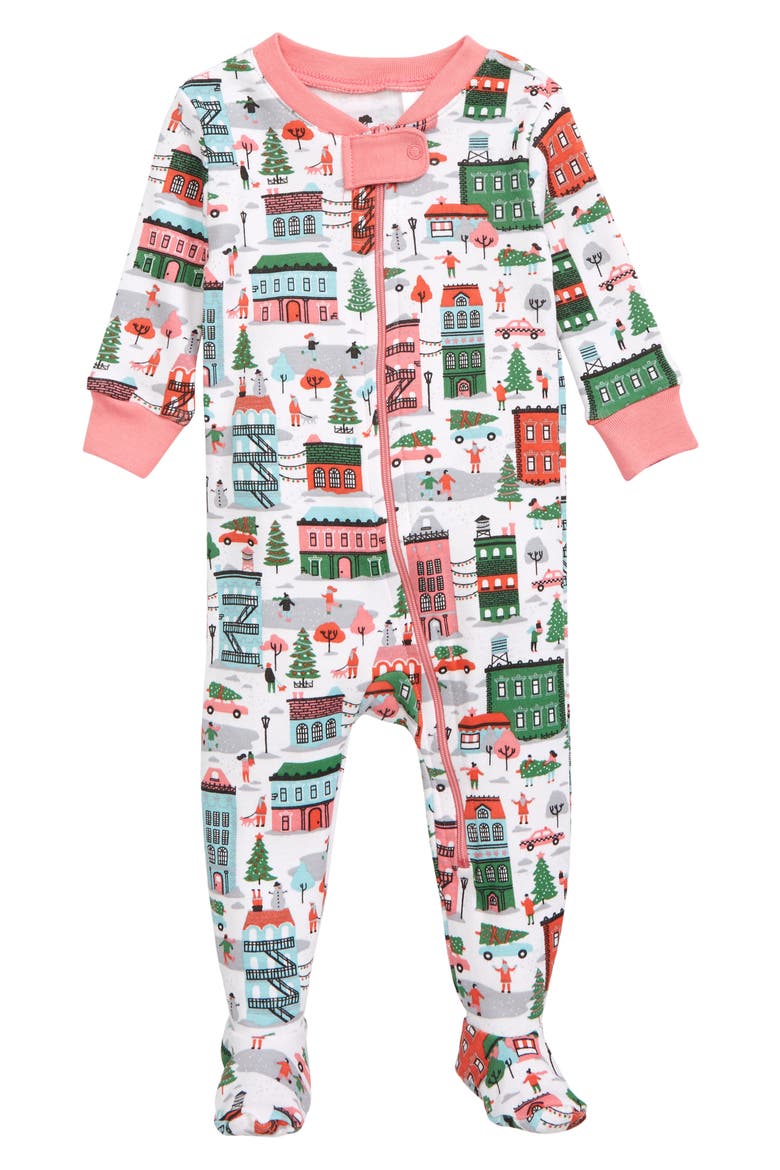Print Fitted One-Piece Pajamas, Main, color, WHITE SILVER HOLIDAY VILLAGE