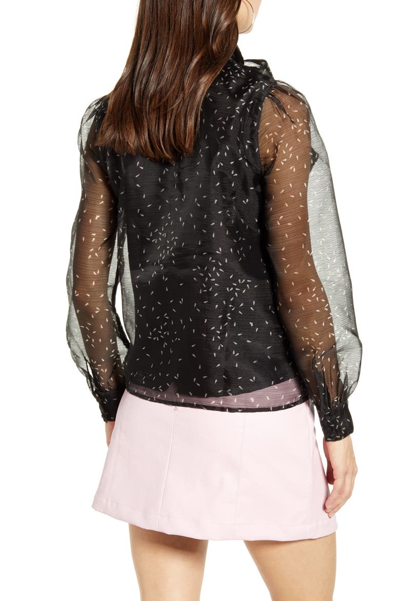 Ava Tie Neck Sheer Sleeve Shirt, Alternate, color, BLACK AOP TEAR