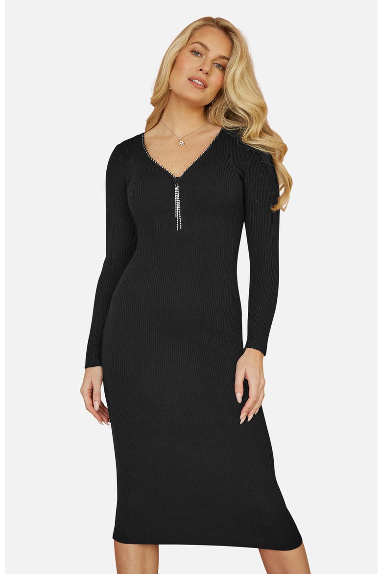 Ribbed Zip-Neckline Fitted Midi Dress, Alternate, color, Black