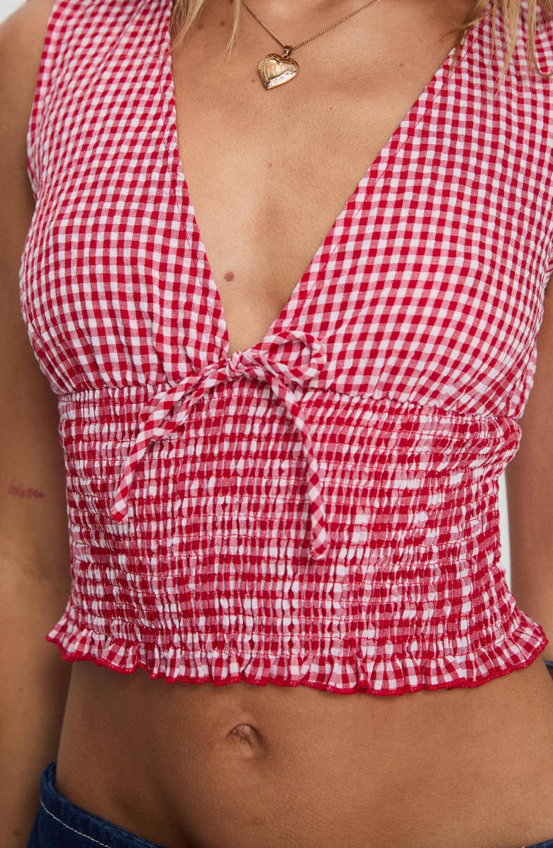 Princess Polly Mixing It Up Gingham Smocked Crop Tank, Alternate, color, Red/ White