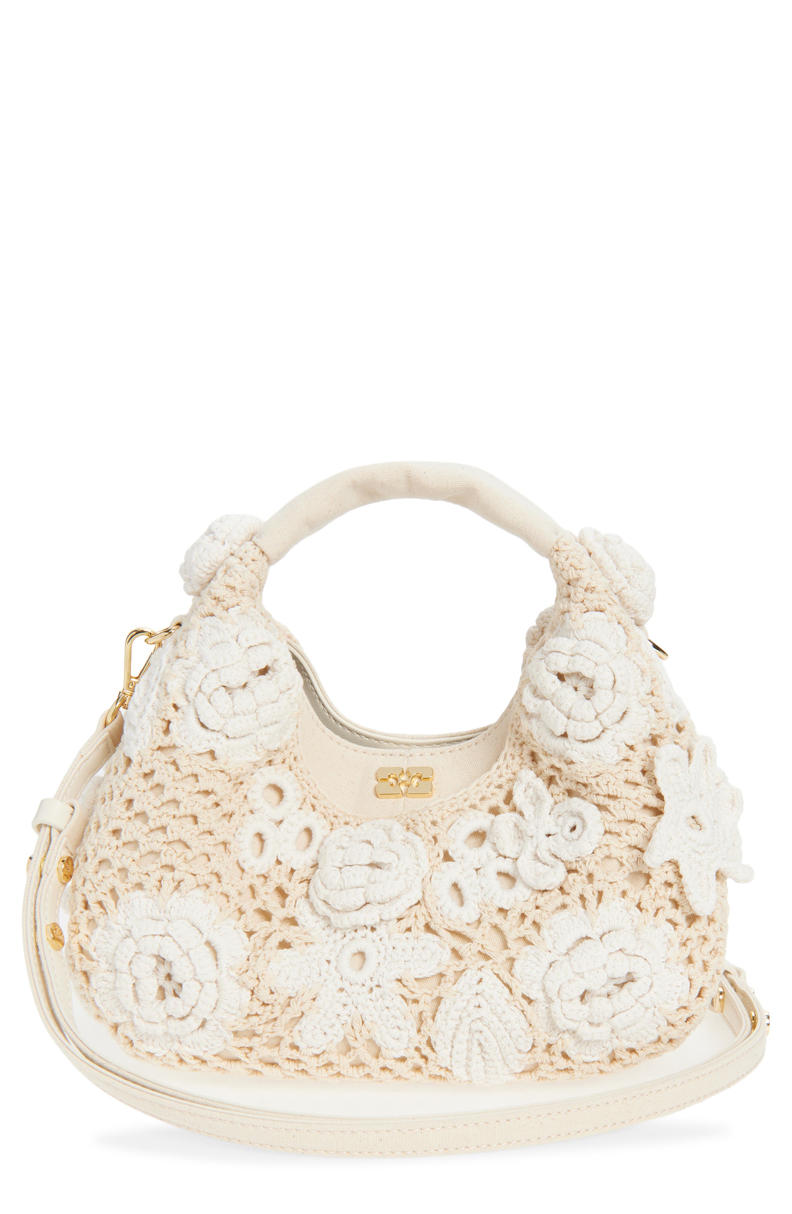 Ganni Mini Crochet Hobo Bag, Main, color, Egret