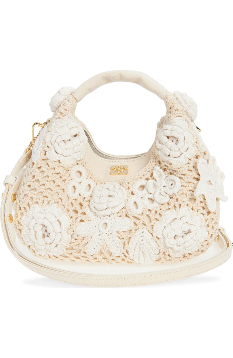 Ganni Mini Crochet Hobo Bag, Main, color, Egret