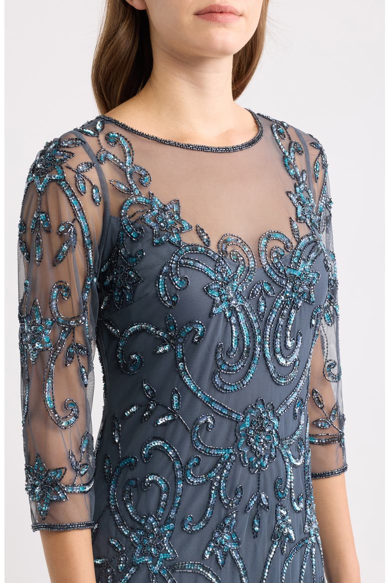Beaded Illusion Neck Gown, Alternate, color, SOFT GREY