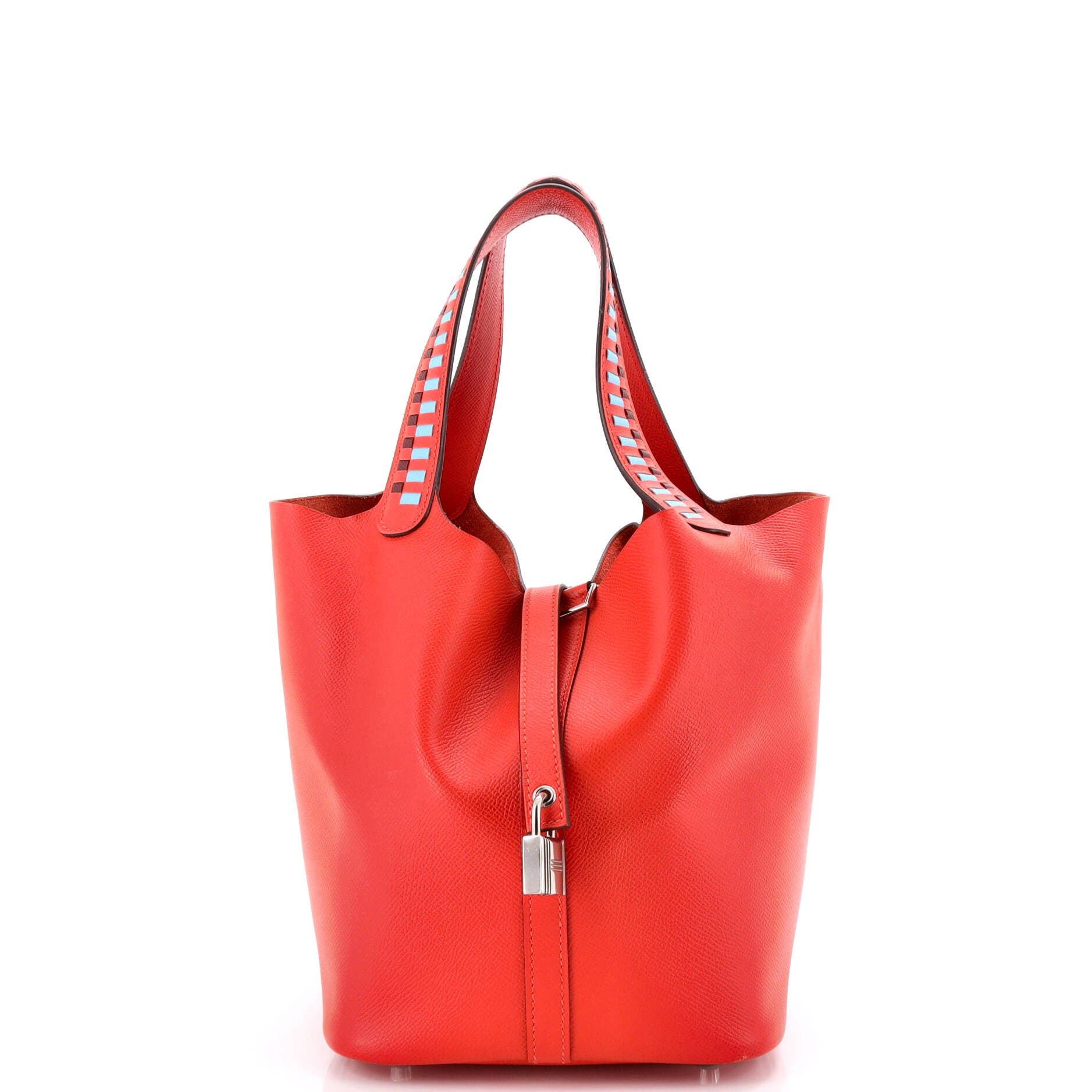 Pre-Owned Hermes Picotin Lock Bag Tressage Epsom MM, Main, color, Capucine/Bleu Du Nord/Rouge H