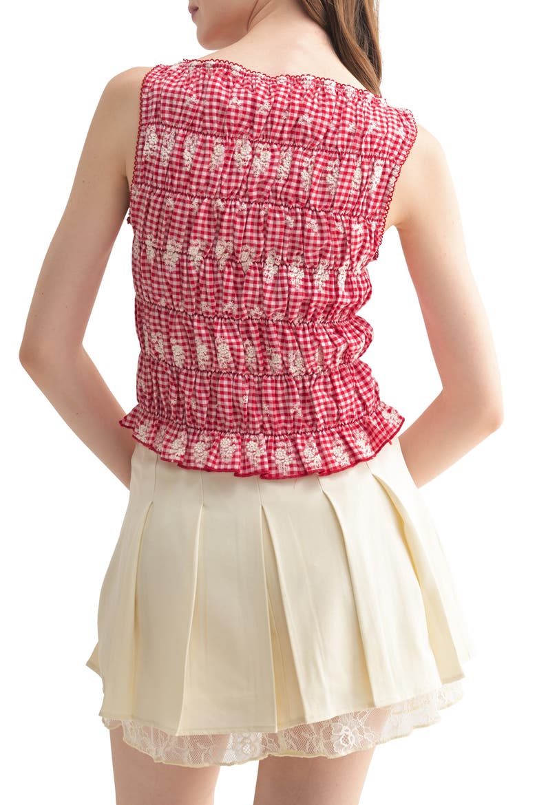 Embroidered Gingham Check Sleeveless Cotton Top, Alternate, color, RED