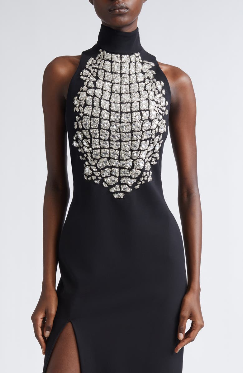 Balmain Beaded Croc Embellished Slit Gown, Alternate, color, Black/ Crystal