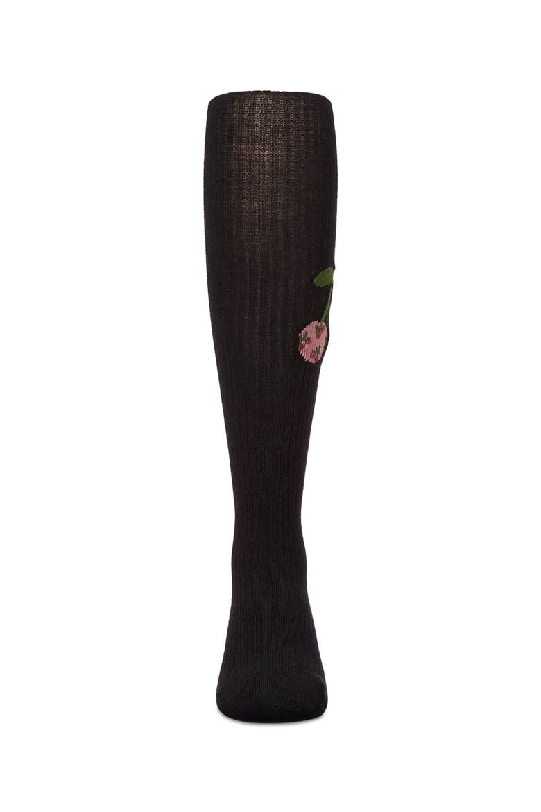 Ribbed Cherry-Graphic Elastic-Waist Tights, Alternate, color, Black