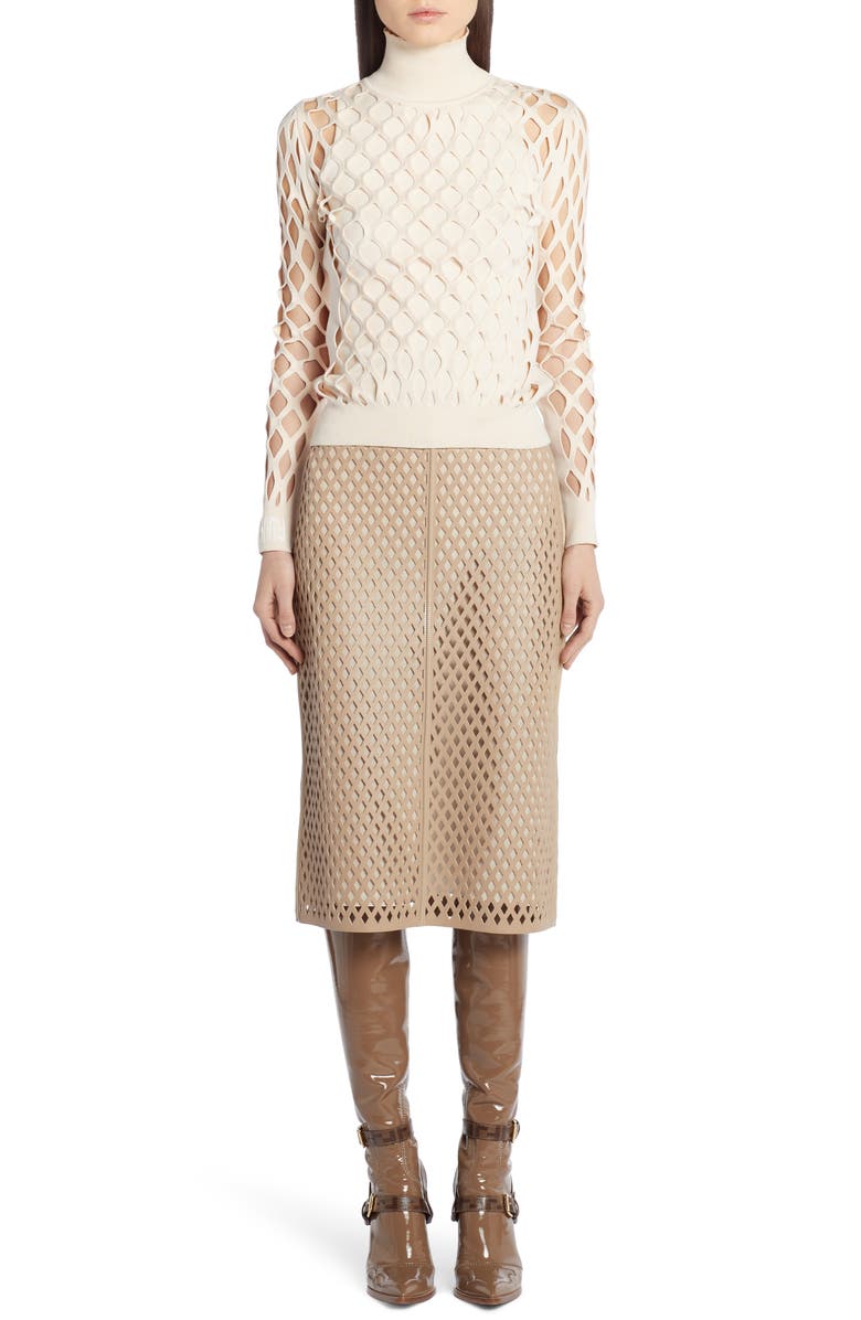 Fendi Leather Mesh Pencil Skirt, Alternate, color, 