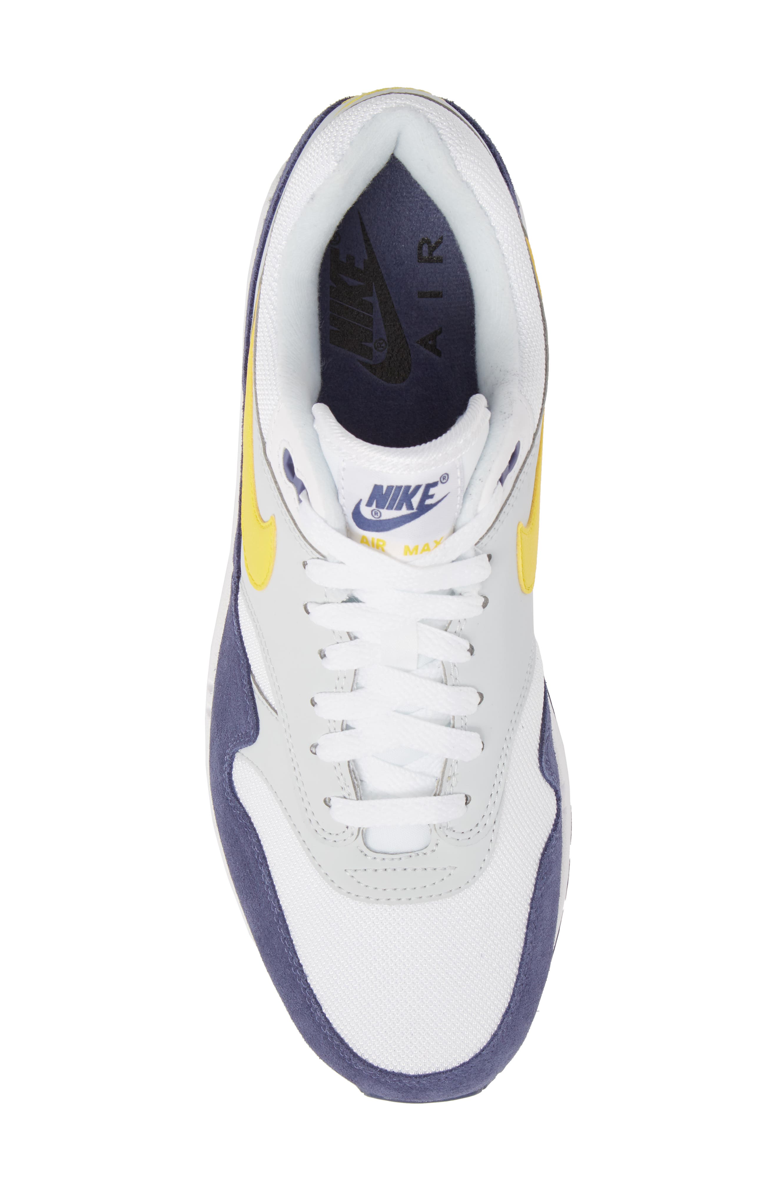 Air Max 1 Sneaker, Alternate, color, WHITE/ TOUR YELLOW/ BLUE