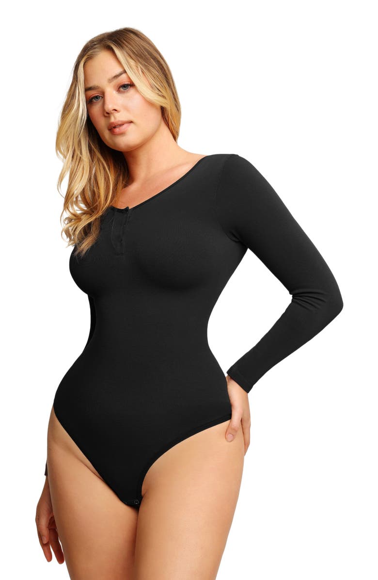 Popilush Shapewear Seamless Modal Long Sleeve Henley Bodysuit, Alternate, color, Jet Black