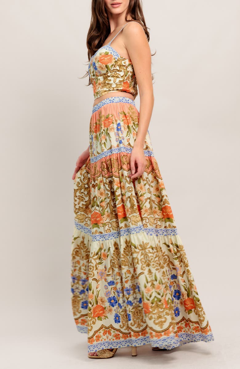 FLYING TOMATO Floral Cotton Crop Top & Maxi Skirt Set, Alternate, color, Cream Multi