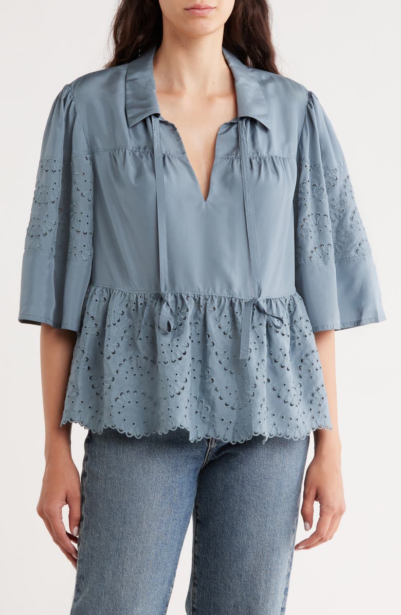 Rebecca Taylor Tie Keyhole Embroidered Eyelet Silk Peplum Top, Main, color, Smokey Blue