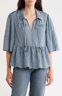 Rebecca Taylor Tie Keyhole Embroidered Eyelet Silk Peplum Top