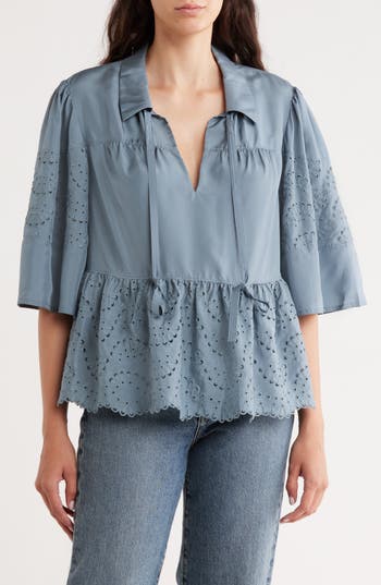 Rebecca Taylor Tie Keyhole Embroidered Eyelet Silk Peplum Top In Blue