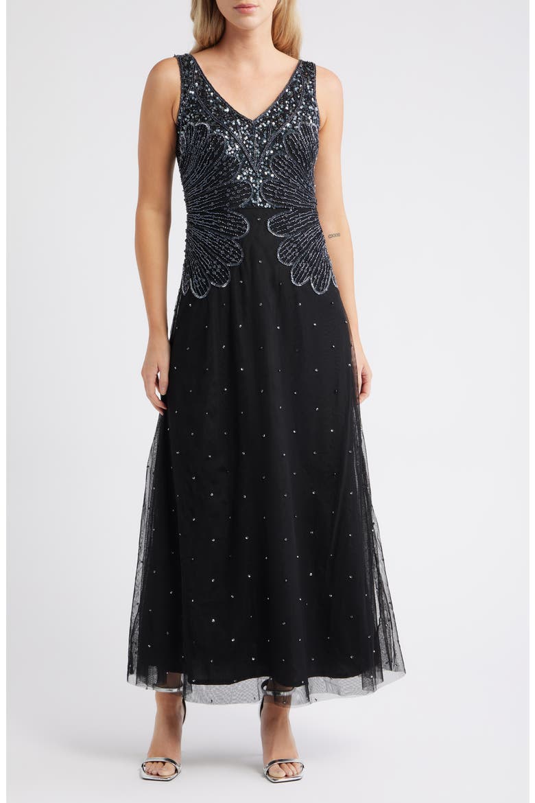 Beaded Sleeveless Chiffon Dress, Main, color, BLACK
