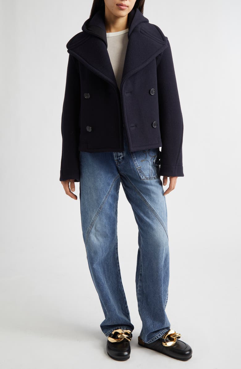 JW Anderson Crop Double Face Wool Peacoat with Removable Hood, Alternate, color, 
