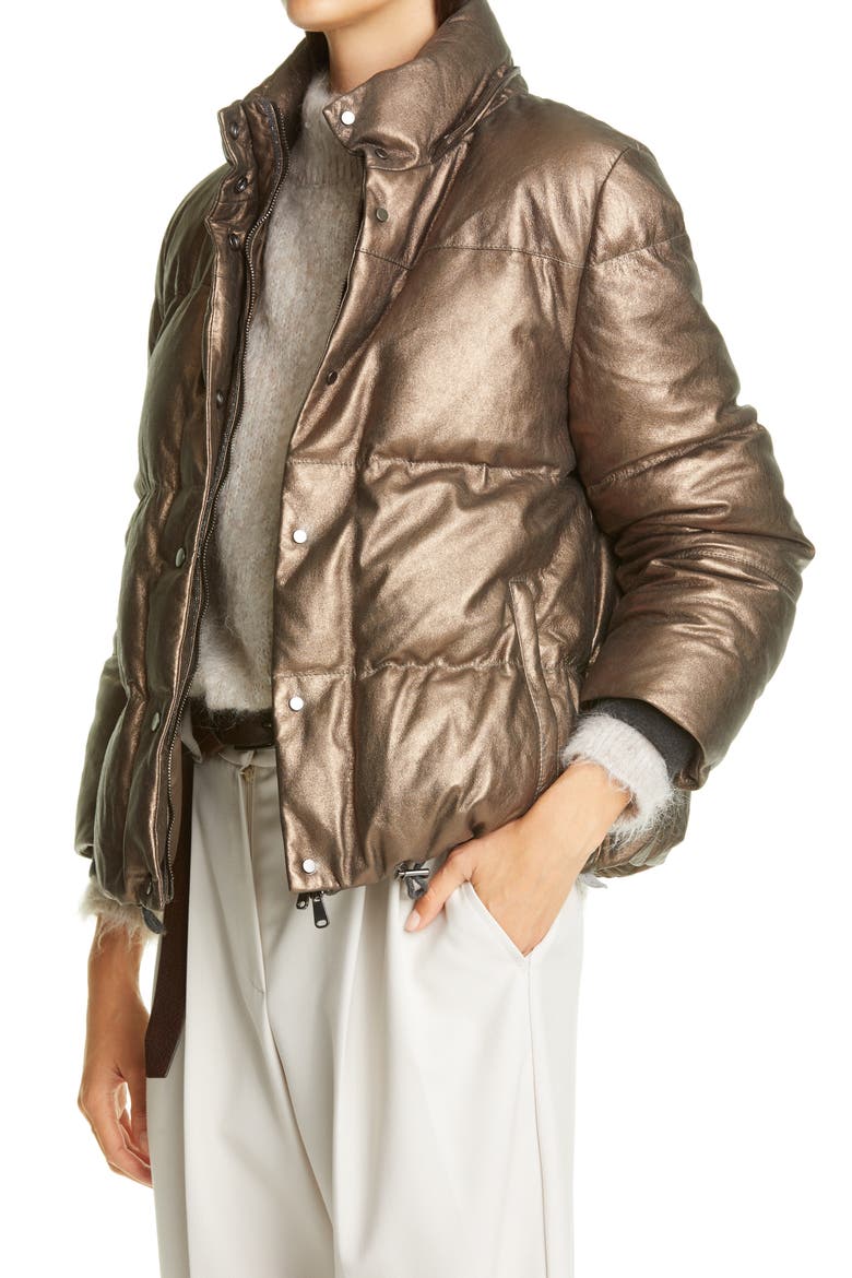 Metallic Suede Hooded Down Puffer Jacket, Alternate, color, BRONZE