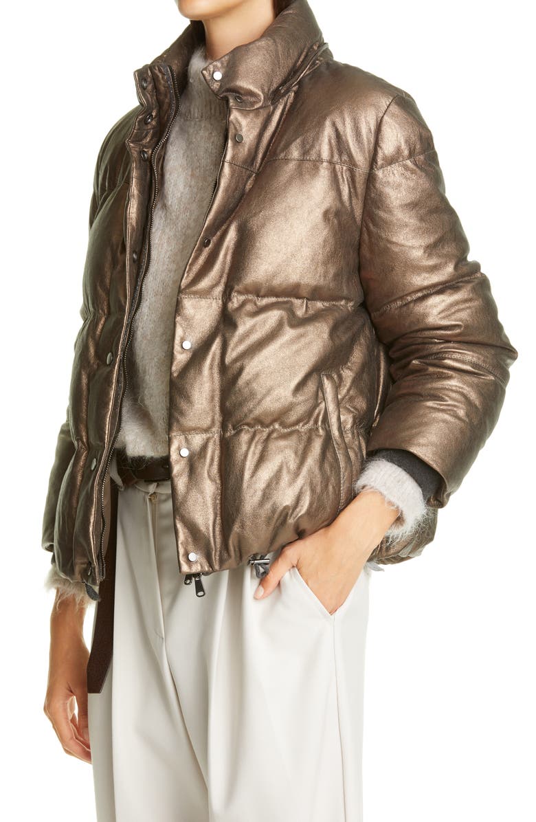 Brunello Cucinelli Metallic Suede Hooded Down Puffer Jacket, Alternate, color,