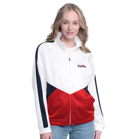 Women's G-III Sports by Carl Banks  White/Navy Cleveland Guardians Rally Rhinestone Raglan Full-Zip Track Jacket