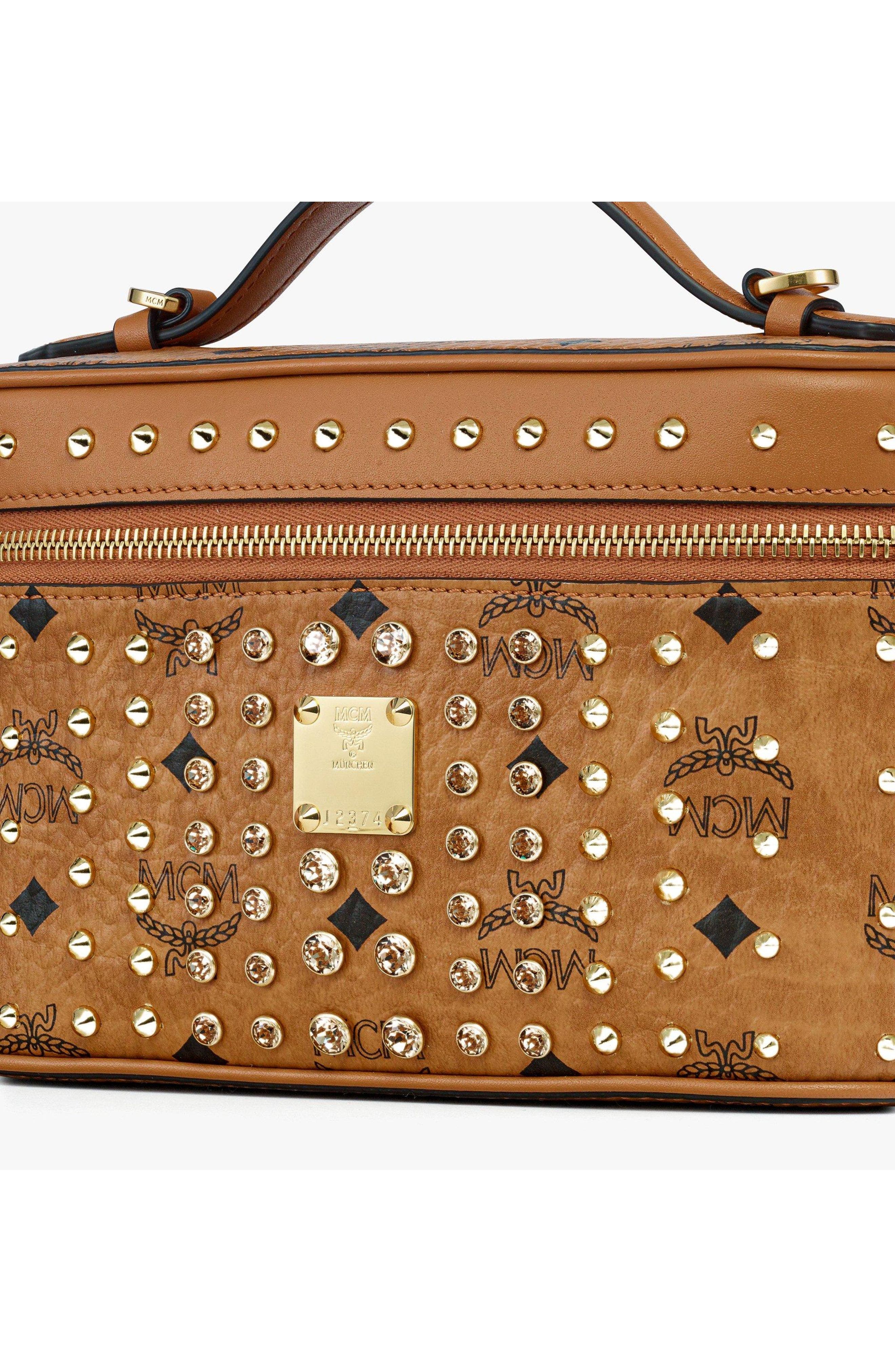 Small Rockstar Vanity Case in Gold Crystal Visetos, Alternate, color, Cognac