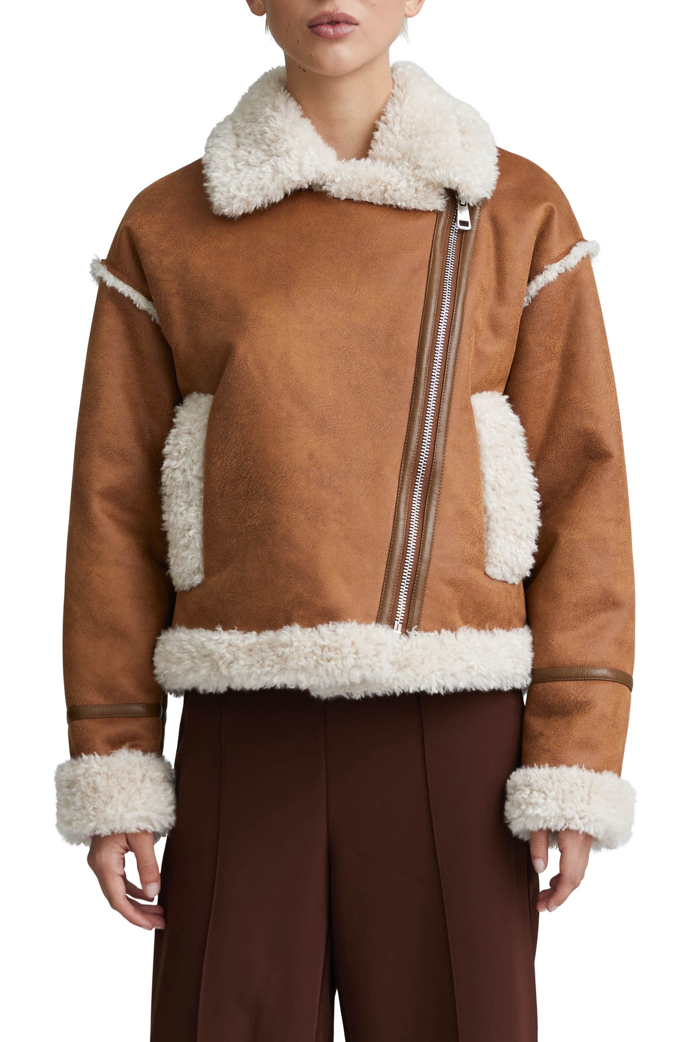 NVLT Cropped Faux Shearling Biker Jacket