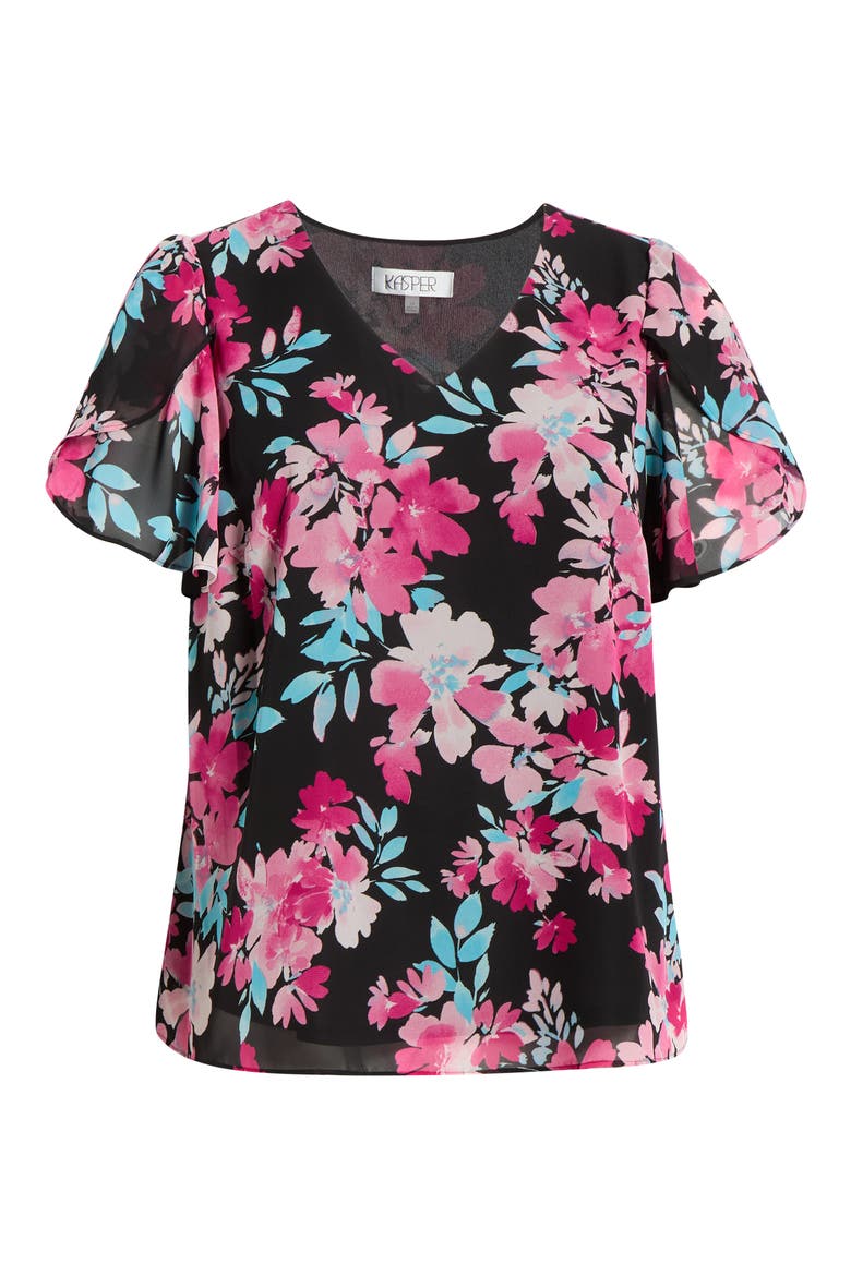 Floral Print Tulip Sleeve Top, Alternate, color, BLACK MULTI