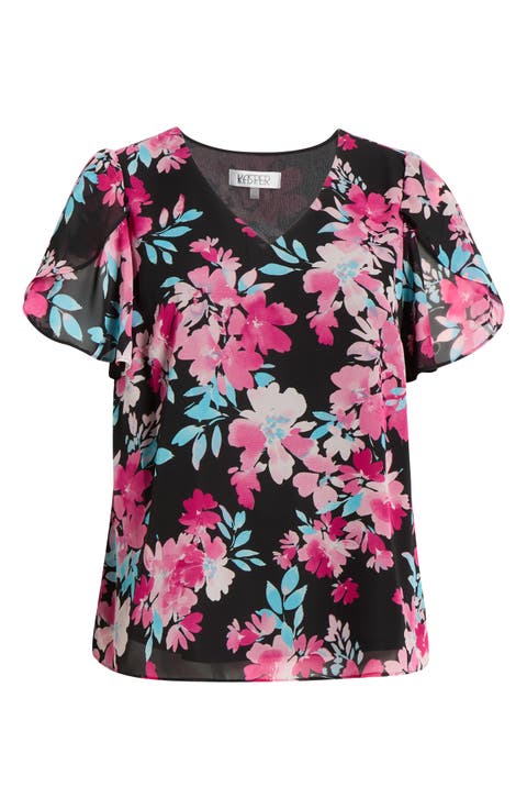 Floral Print Tulip Sleeve Top (Plus)