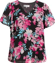 KASPER Floral Print Tulip Sleeve Top