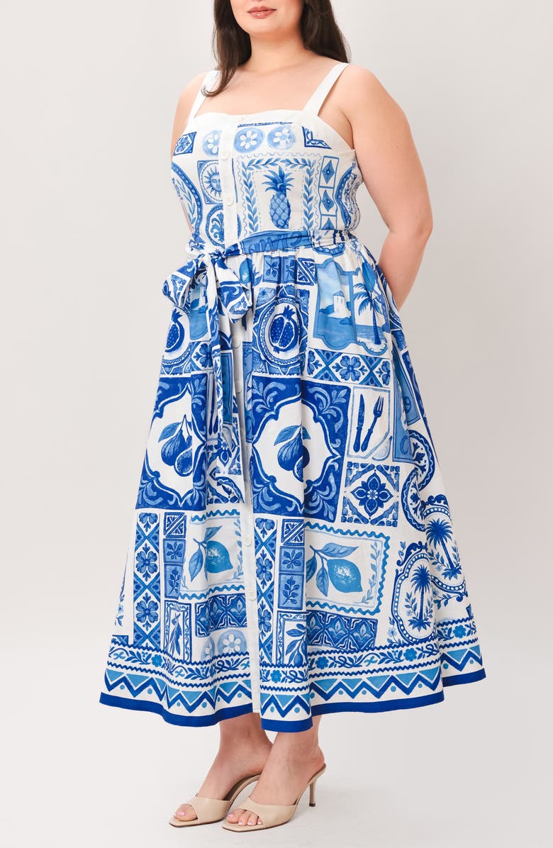 FLYING TOMATO Printed Fit & Flare Midi Dress, Alternate, color, Ivory Blue