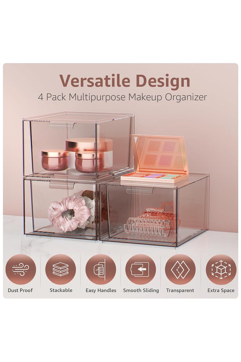 4-Pack Clear Stackable Makeup Drawers, Alternate, color, CLEAR