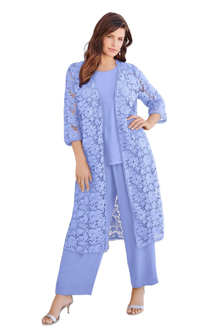 Extended Plus Size 3 Piece Allover Lace Duster Pant Set Formal Wear, Main, color, PLUM BLUE